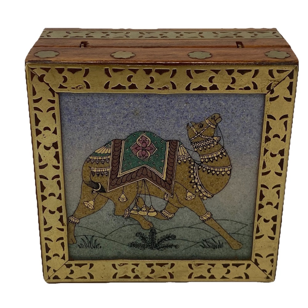 Vtg Indian Rajasthani Wooden Box with Camel Art Glass Painting & Brass Trim